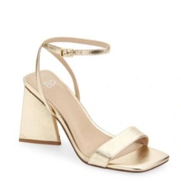 BP Sandals Womens Size 5 Gold Parker Ankle Strap Chunky Triangular Heels - Picture 1 of 10